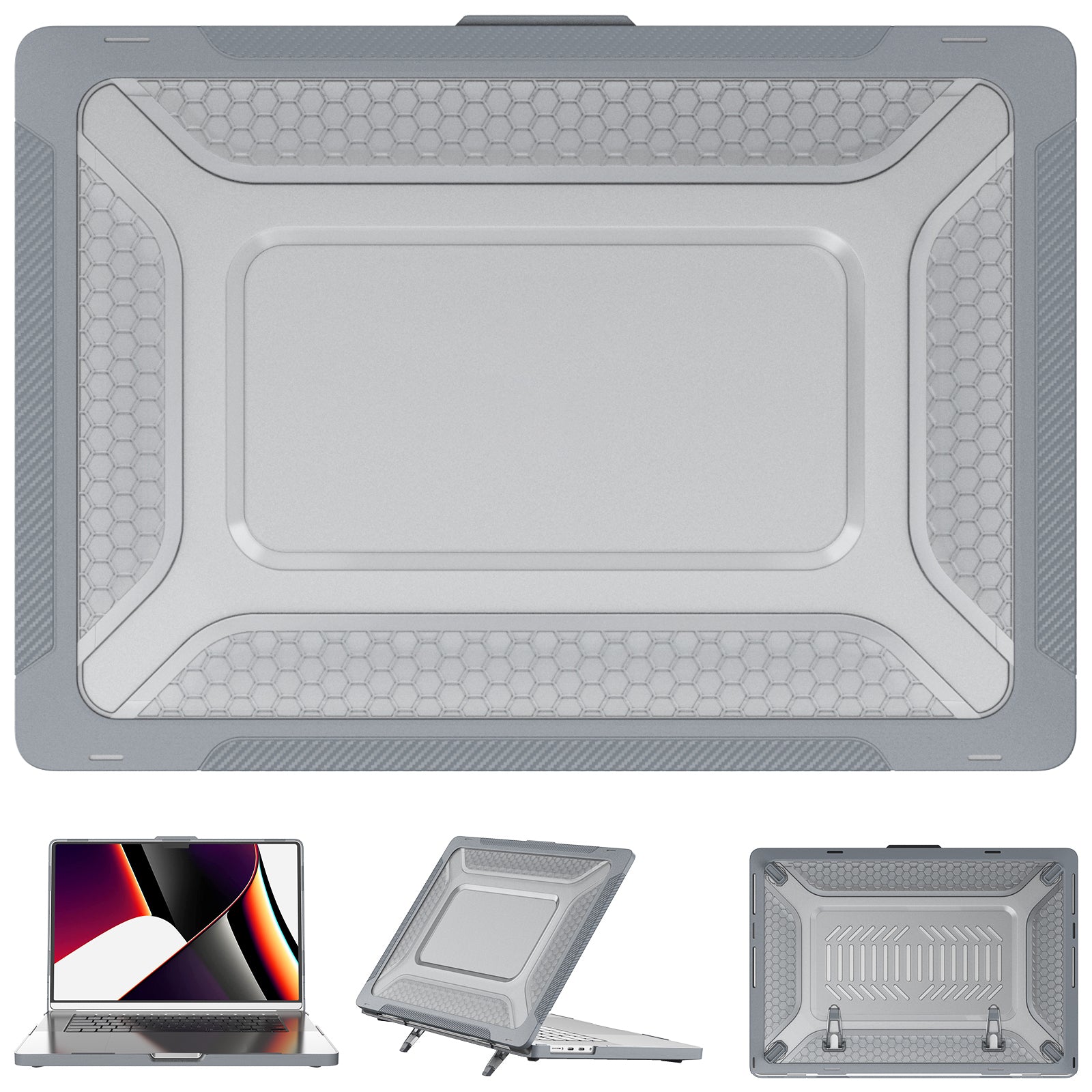 For MacBook Pro 16 inch (2021) A2485 M1 Pro / M1 Max Kickstand Shockproof Laptop Case Hard PC Soft TPU Protective Cover - Grey For MacBook Pro 16 inch (2021) A2485 M1 Pro / M1 Max Kickstand Shockproof Laptop Case Hard PC Soft TPU Protective Cover - Grey